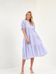 Gingham Tiered Midi Dress with Bow Tie Sleeves