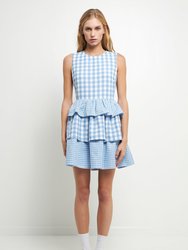 Gingham Tiered Mini Dress - Ocean Blue