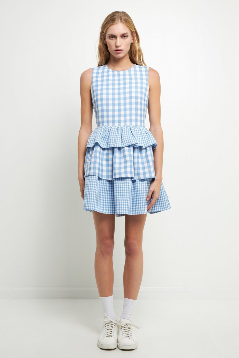 Gingham Tiered Mini Dress - Ocean Blue