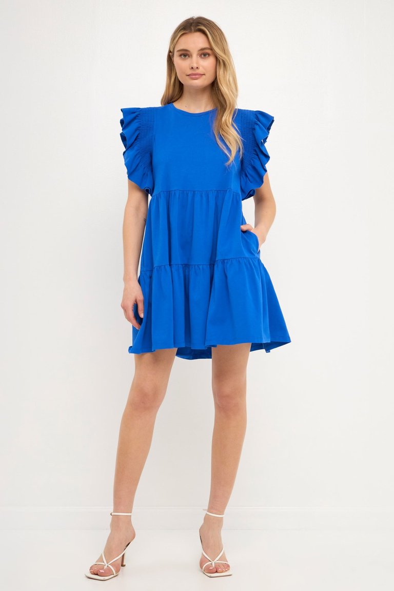 Knit Ruffled Mini Dress - Cobalt Blue