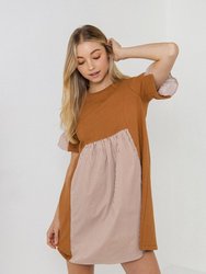 Knit Stripe Woven Mixed Dress - Brown