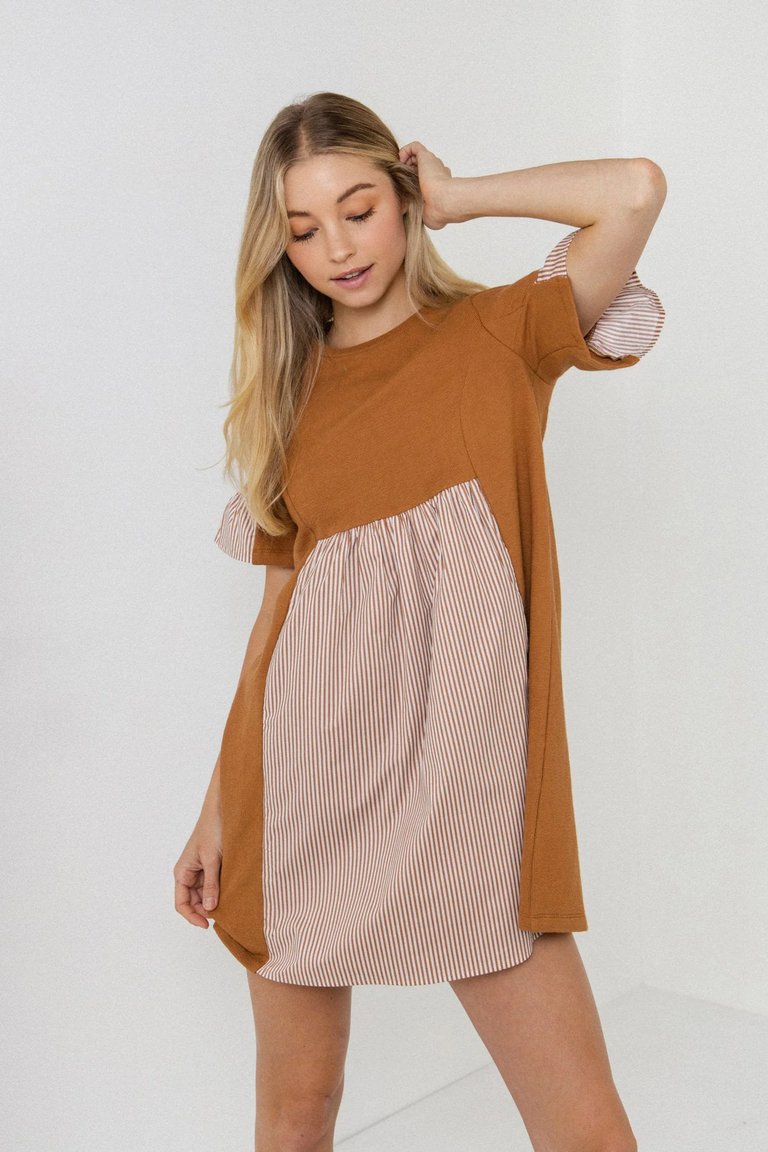 Knit Stripe Woven Mixed Dress - Brown