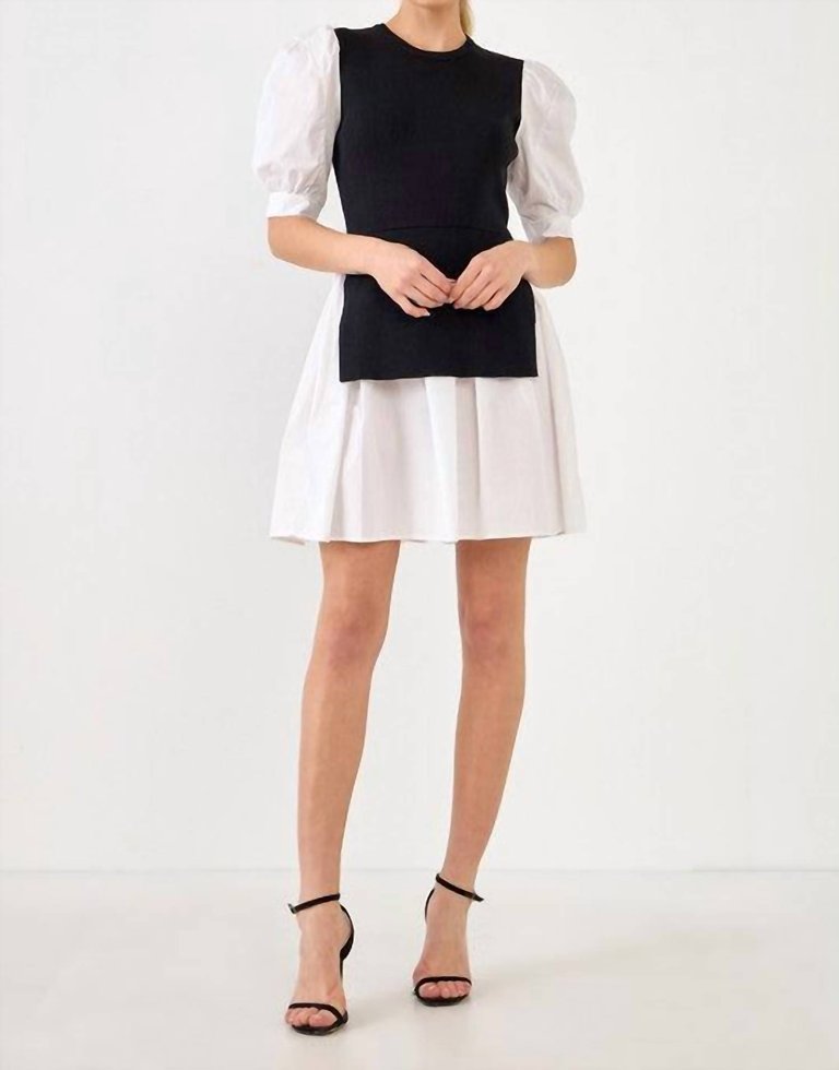 Margot Puff Sleeve Sweater Dress In Black/white - Black/White