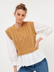 Mixed Media Cable Detail Sweater - Tan/White