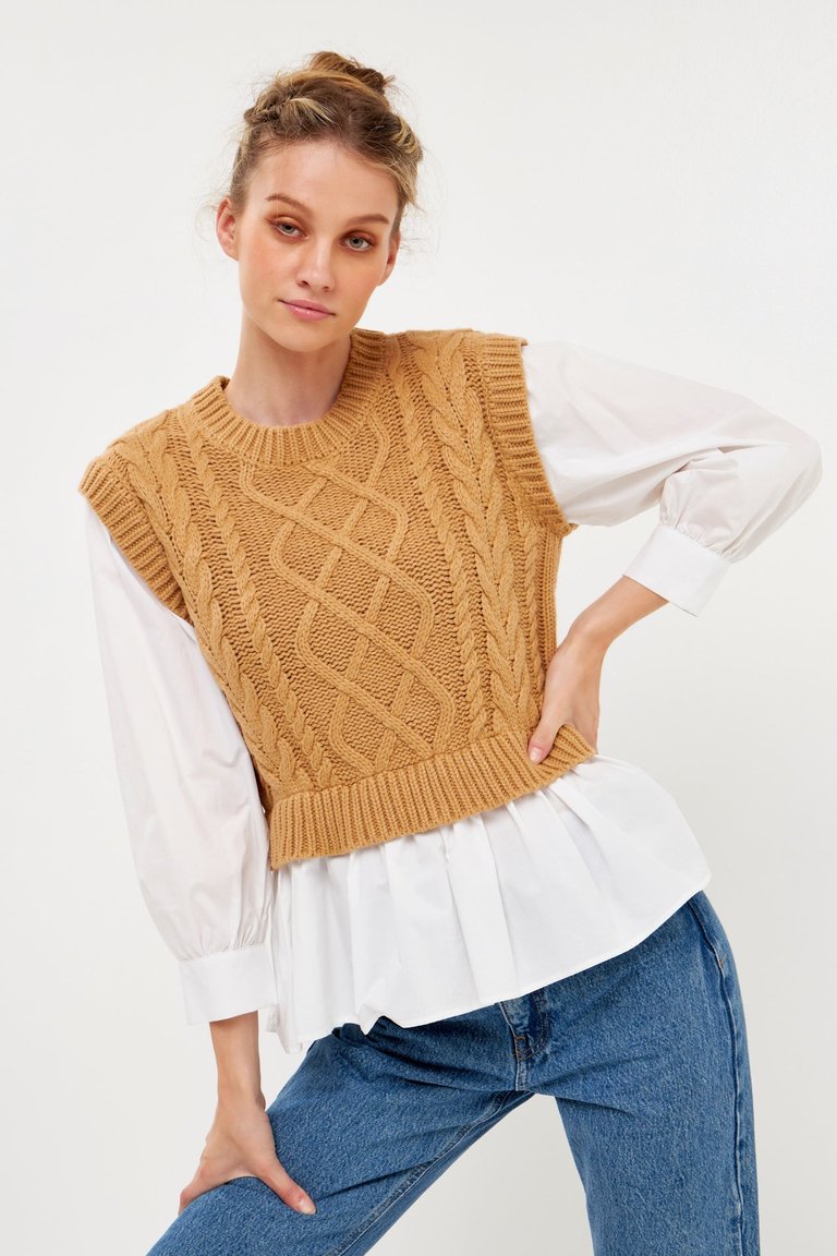 Mixed Media Cable Detail Sweater - Tan/White
