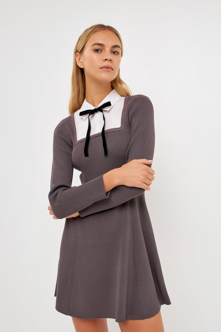 Mixed Media Fit And Flare Sweater Dress - Grey