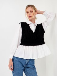 Mixed Media Sweater Vest Top - Black/White