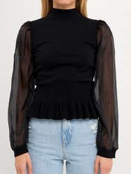 Organza Long Sleeve Knit Blouse with Mock Neck