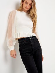 Organza Long Sleeve Knit Blouse with Mock Neck - Ivory