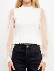 Organza Long Sleeve Knit Blouse with Mock Neck