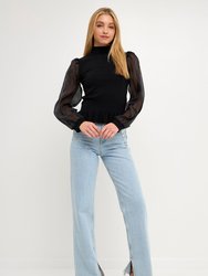 Organza Long Sleeve Knit Blouse with Mock Neck