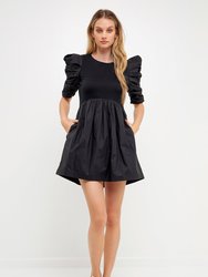 Pleated Puff Sleeve Mini Dress - Black