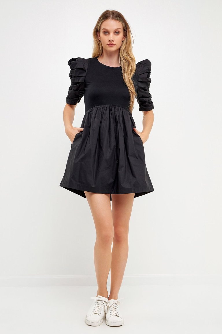 Pleated Puff Sleeve Mini Dress - Black