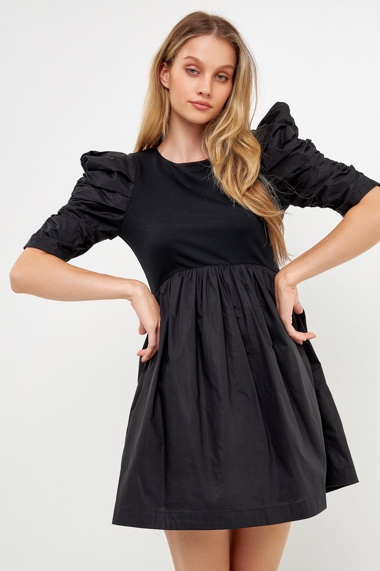 Pleated Puff Sleeve Mini Dress