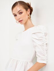Pleated Puff Sleeve Top - White - White