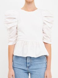 Pleated Puff Sleeve Top - White