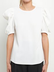 Pleated Puff Sleeve Top - White
