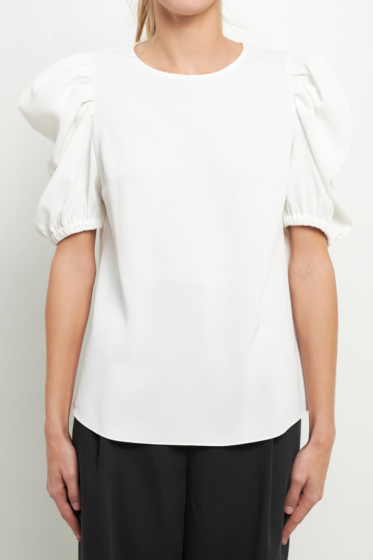 Pleated Puff Sleeve Top - White