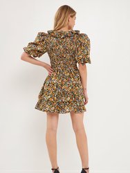 Plunge V Smocked Cotton Floral Mini Dress