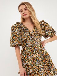 Plunge V Smocked Cotton Floral Mini Dress - Black