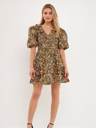 Plunge V Smocked Cotton Floral Mini Dress