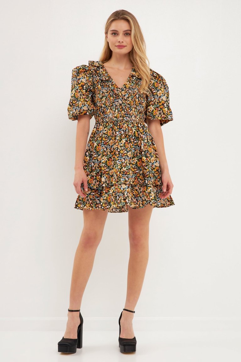 Plunge V Smocked Cotton Floral Mini Dress