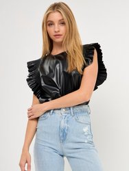 PU Leather Ruffle Detail Top - Black