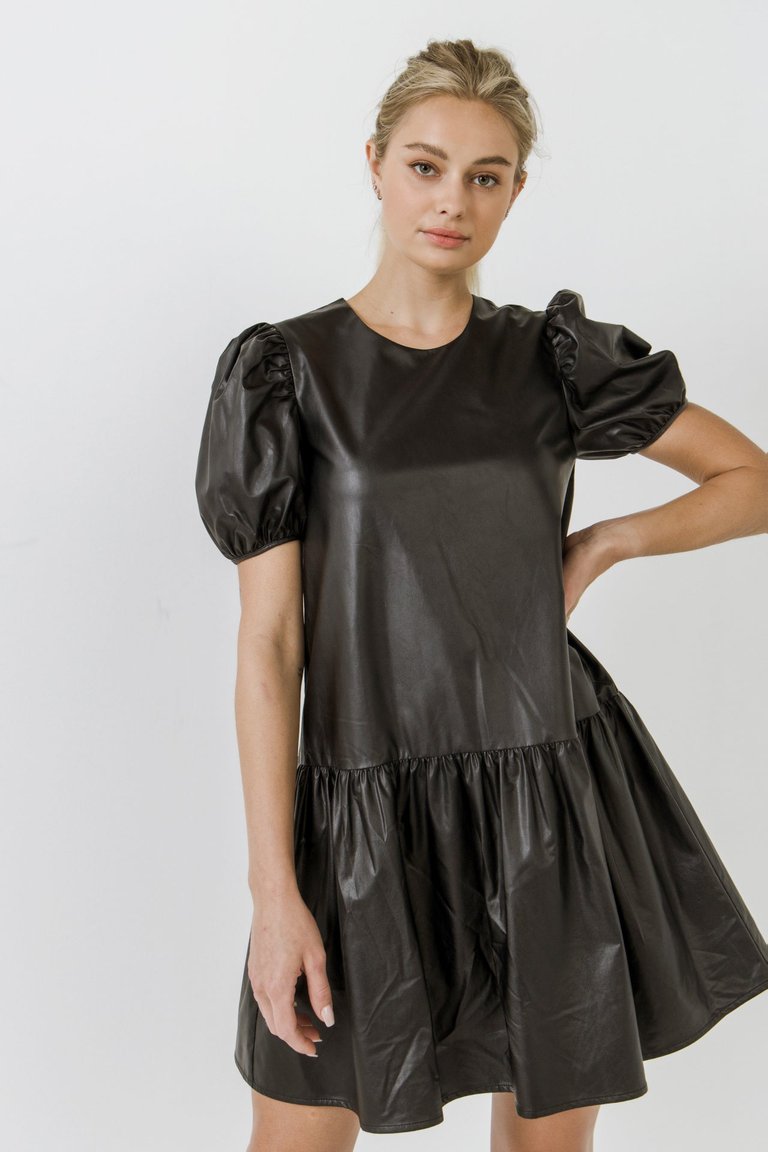 Pu Puff Sleeve Mini Dress - Black