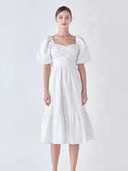 Puff Sleeve Back Bow Midi Dress - White