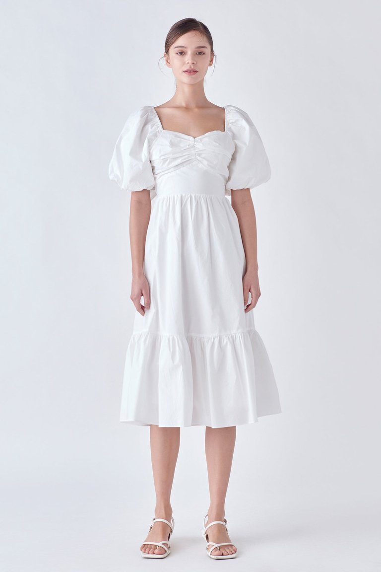 Puff Sleeve Back Bow Midi Dress - White