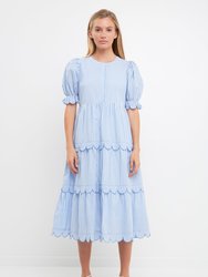 Puff Sleeve Tiered Midi Dress - Blue Stripe