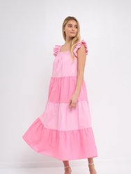 Ruffle Detail Colorblock Midi Dress - Pink Multi