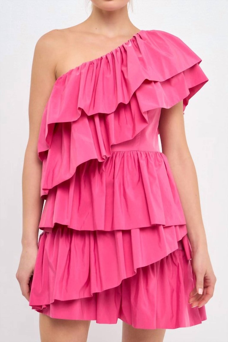 Ruffled Shoulder Mini Dress - Pink