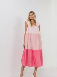 Ruffled Straps Color Block Midi Dress - Pink Multi