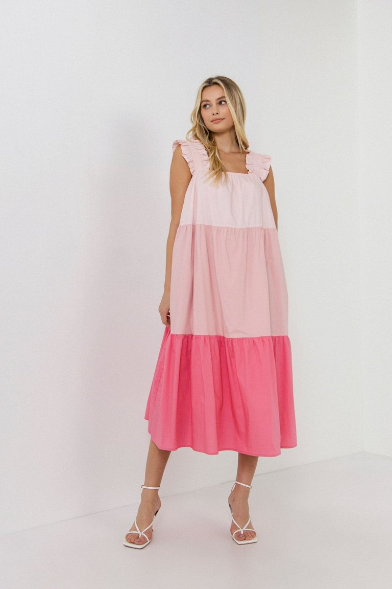 Ruffled Straps Color Block Midi Dress - Pink Multi