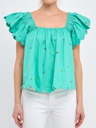 Scalloped Hem Ruffle Detail Top - Emerald