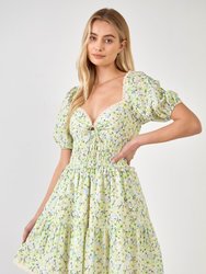 Shirred Waist Milkmaid Mini Dress - Green Multi