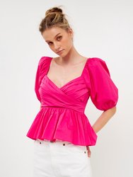 Shirring Detail Puff Sleeve Top - Pink