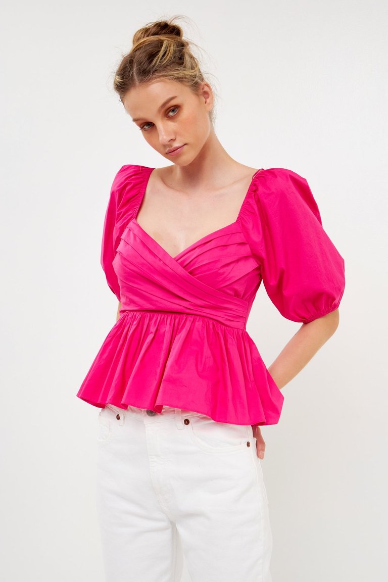 Shirring Detail Puff Sleeve Top - Pink