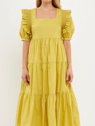 Square Neck Ruffle Smocked Detail Midi Dress - Lime