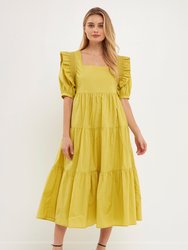 Square Neck Ruffle Smocked Detail Midi Dress - Lime