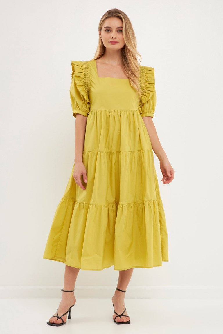 Square Neck Ruffle Smocked Detail Midi Dress - Lime