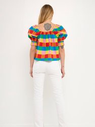 Square Neckline Puff Sleeve Top - Multi