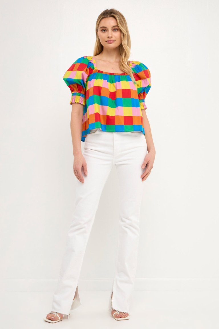 Square Neckline Puff Sleeve Top - Multi