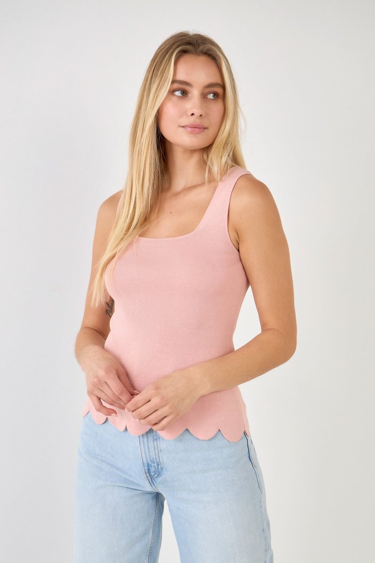 Square neckline Scallop Edge Knit Tank Top - Pink