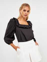 Square Ruffled Neckline Top - Black