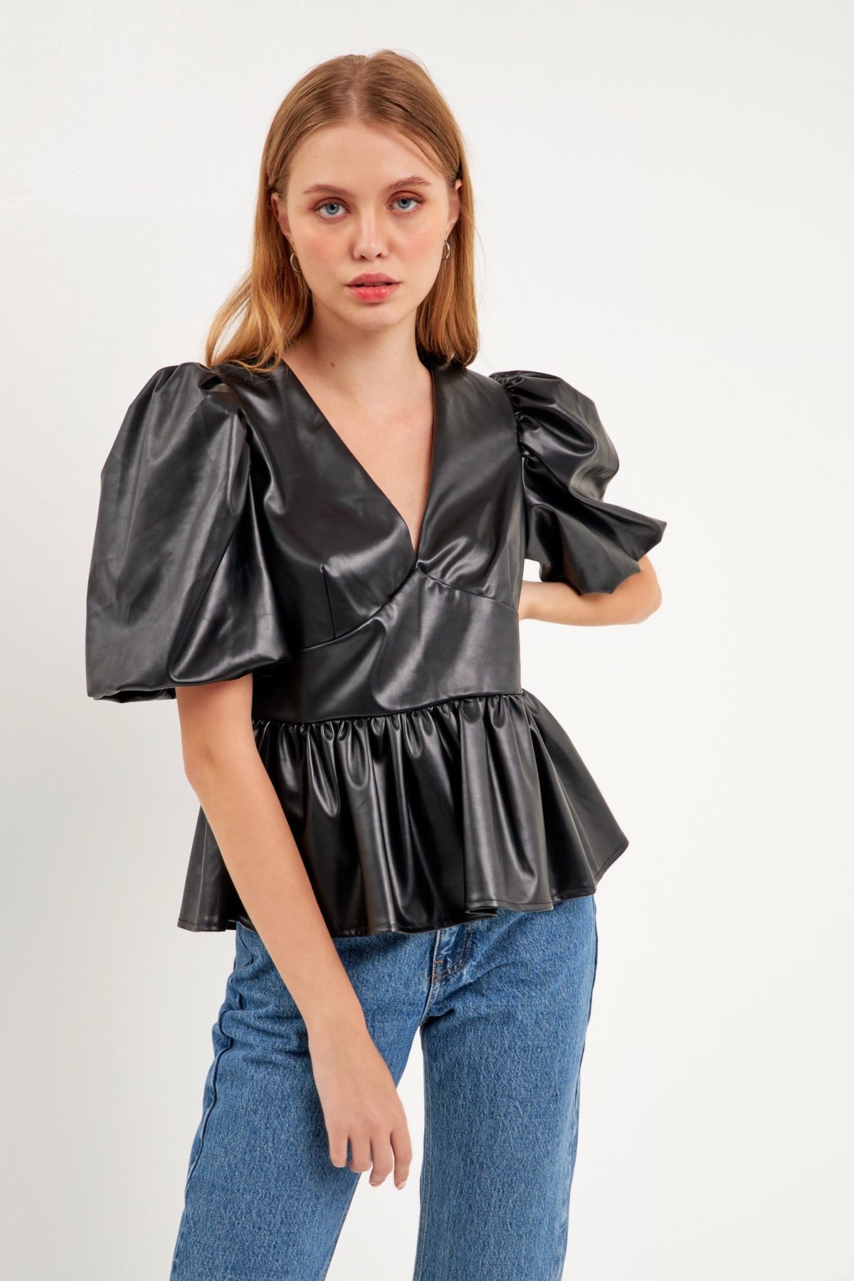 English Factory Black Stretch Leather Short Blouson Top | Verishop