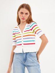 Striped Cardigan With Short Puff Sleeves - White Multi