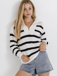 Striped Knit Zip Pullover - White