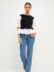 Sweater Poplin Mixed Top  - Black/White